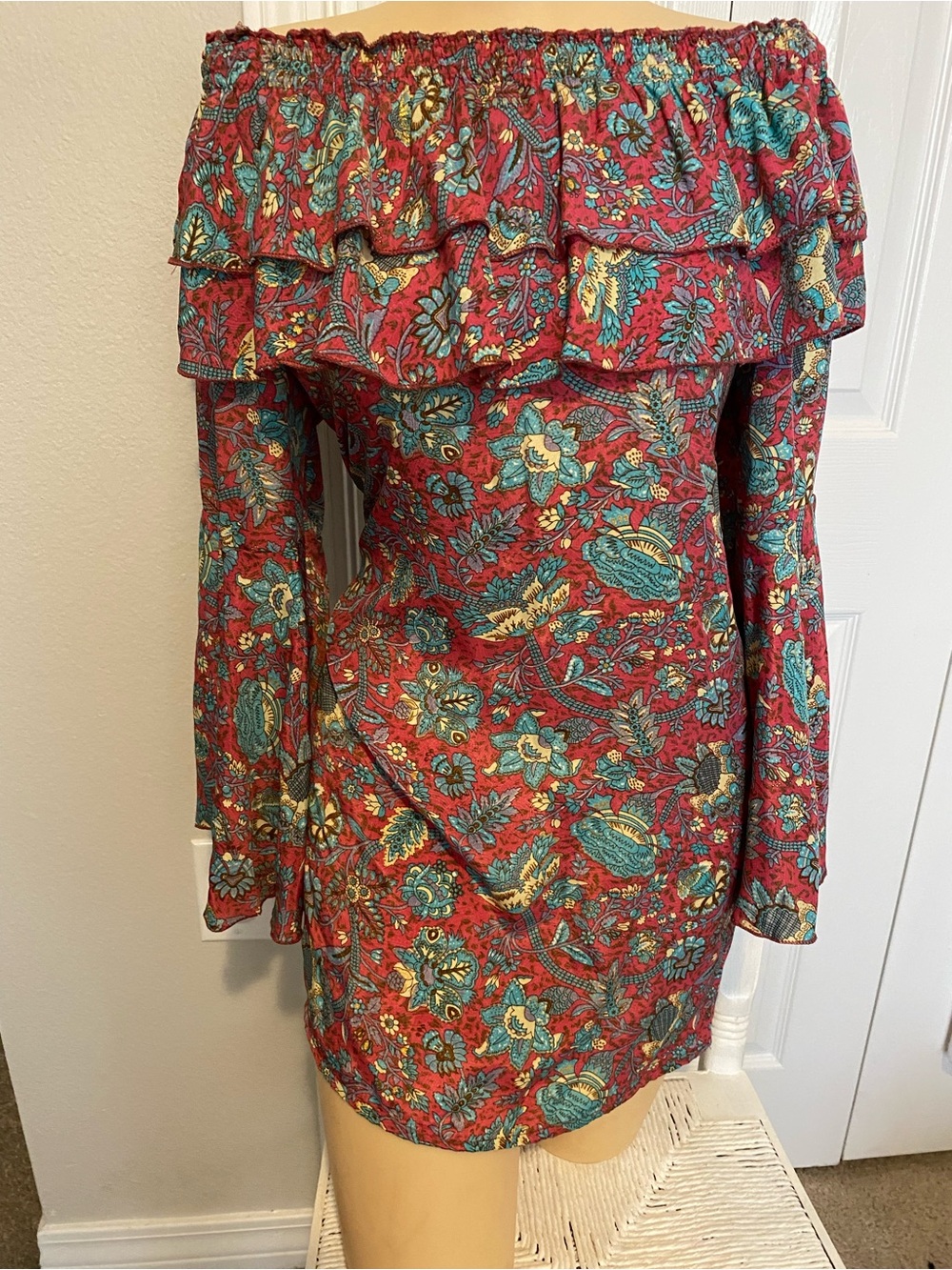EARTHBOUND Red Floral Off-Shoulder Ruffle Dress with Teal Accents size S